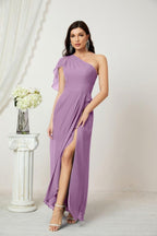 Baoleely  Chiffon Ruffled One Shoulder Long Bridesmaid Dresses A-line Formal Evening Gown Side Split 2809