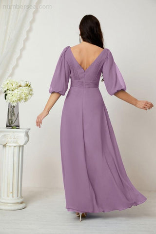 Baoleely  Formal Prom Gown Women V-Neck Chiffon Bridesmaid Dresses Long Bishop Sleeve Party Dress 2807