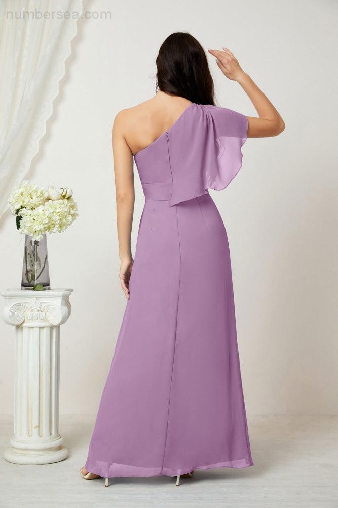 Baoleely  Chiffon Ruffled One Shoulder Long Bridesmaid Dresses A-line Formal Evening Gown Side Split 2809