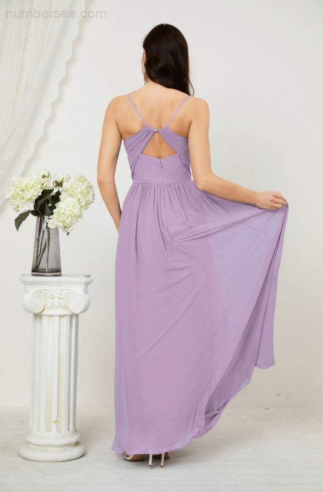 Robe de demoiselle d'honneur en mousseline de soie, longue, coupe trapèze, col en V, pour soirée de mariage, 2801 