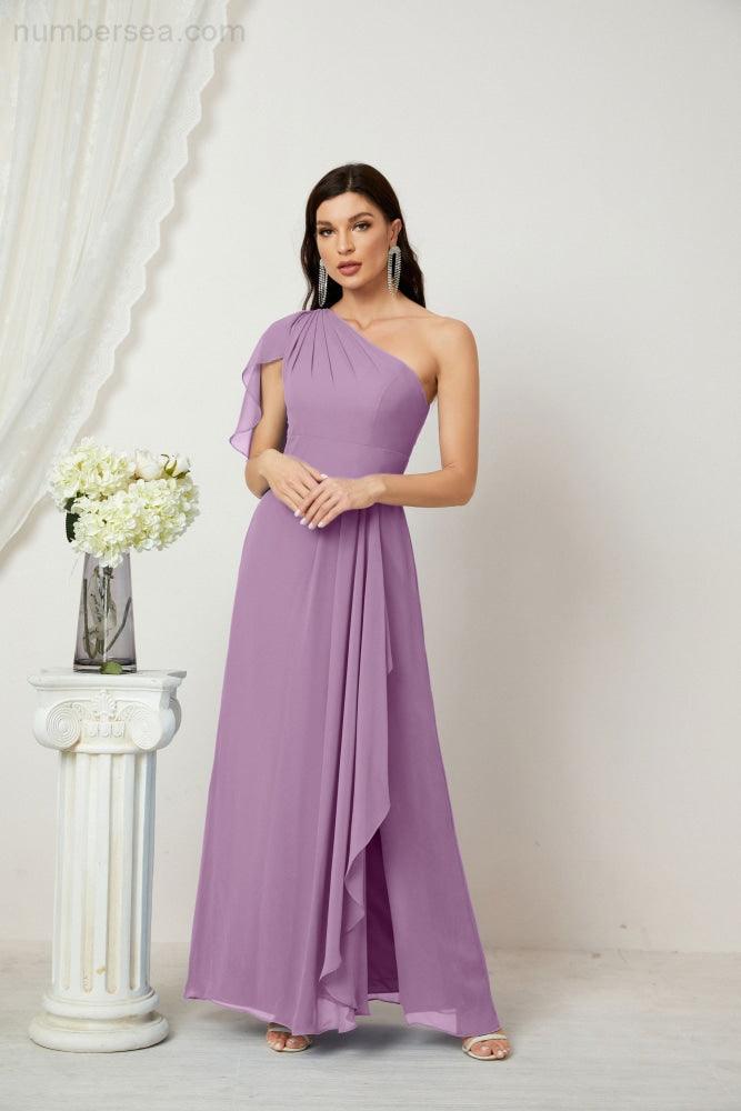 Baoleely  Chiffon Ruffled One Shoulder Long Bridesmaid Dresses A-line Formal Evening Gown Side Split 2809
