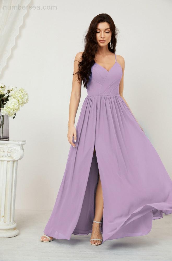 Robe de demoiselle d'honneur en mousseline de soie, longue, coupe trapèze, col en V, pour soirée de mariage, 2801 