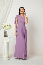 Baoleely  Chiffon Ruffled One Shoulder Long Bridesmaid Dresses A-line Formal Evening Gown Side Split 2809