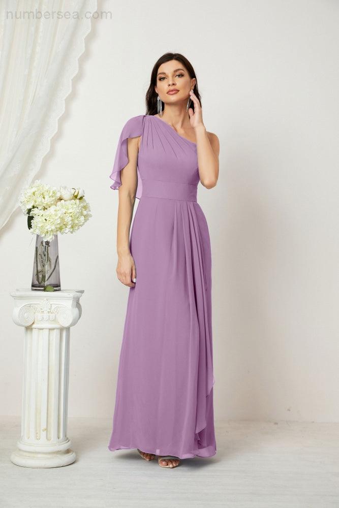 Baoleely  Chiffon Ruffled One Shoulder Long Bridesmaid Dresses A-line Formal Evening Gown Side Split 2809