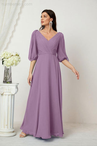 Baoleely  Formal Prom Gown Women V-Neck Chiffon Bridesmaid Dresses Long Bishop Sleeve Party Dress 2807