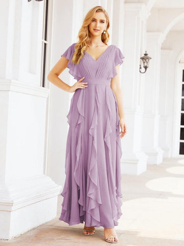 Vestidos de dama de honor con volantes y mangas, vestido largo de fiesta formal 28041 