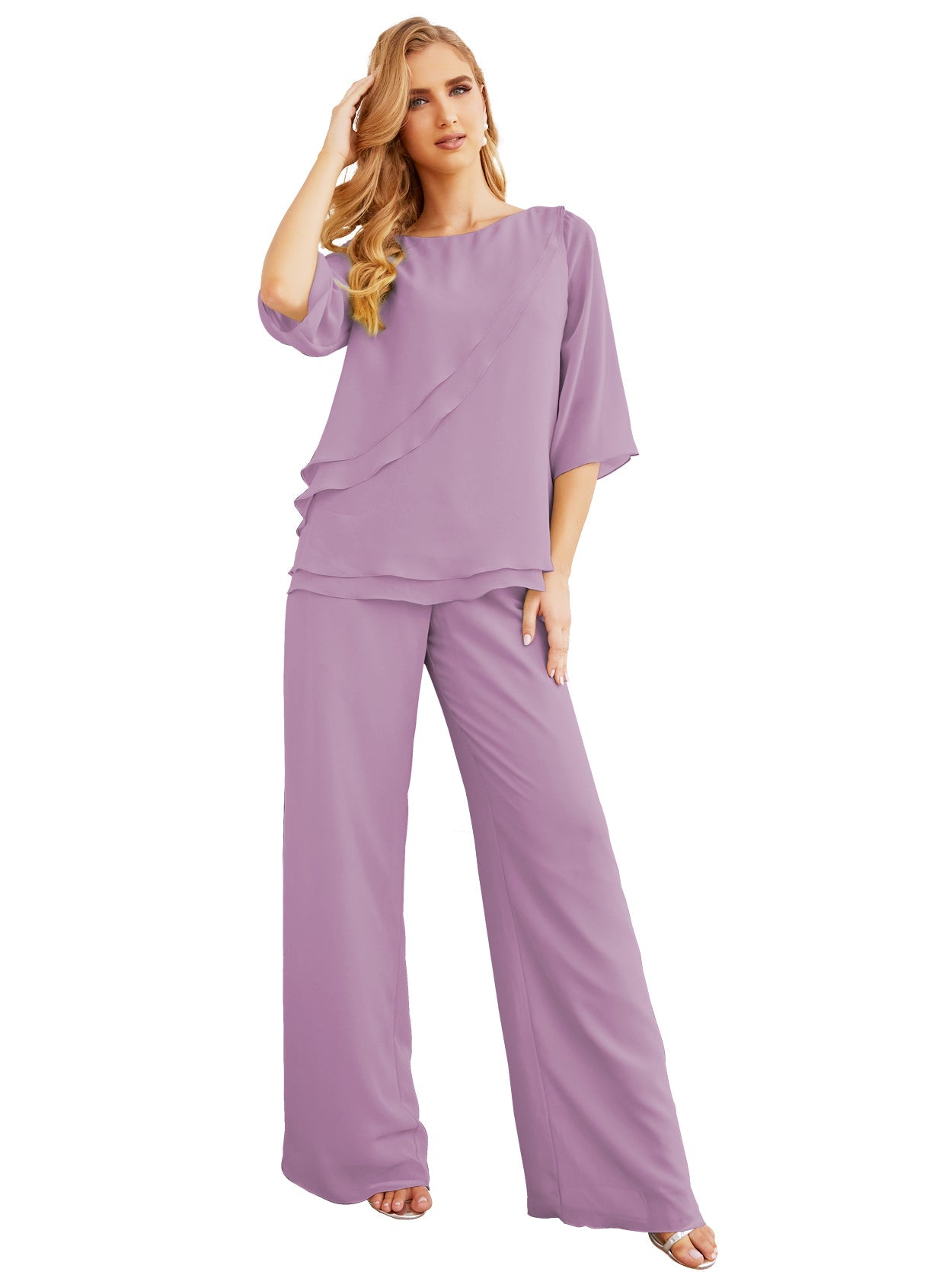 Elegante conjunto de pantalón y bata plateada de dos piezas para la madre de la novia, talla grande, con volantes, Sunderly Elegant SY28064