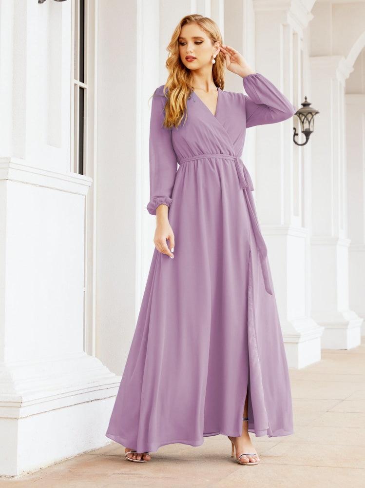 Vestido de dama de honor de gasa para mujer Sunderly, corte en A, manga larga, vestido de noche formal para invitada de boda SY28032 