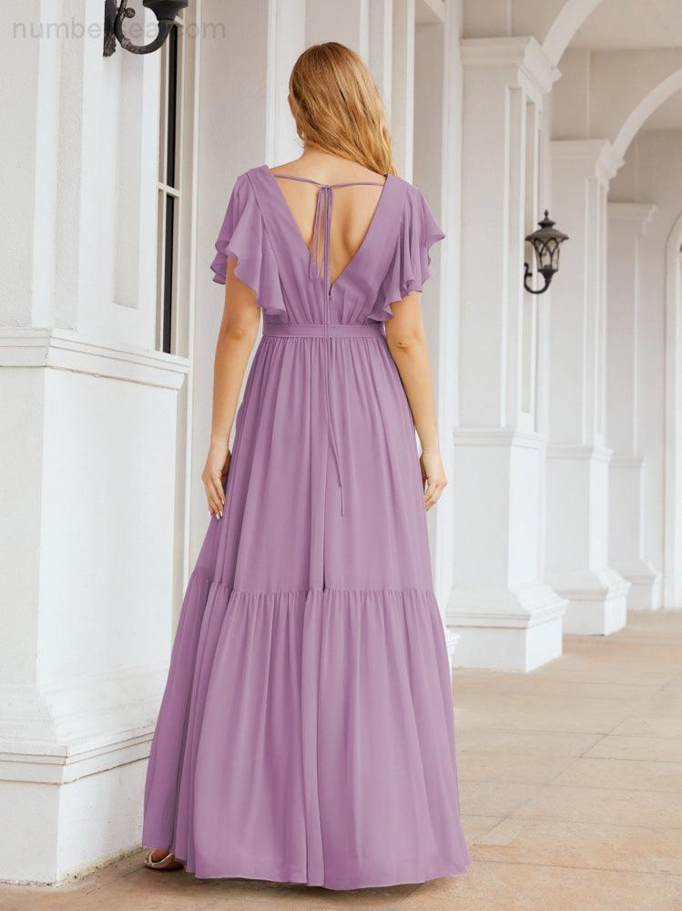 Baoleely Women's Open Back Formal Evening Party Prom Gowns V-Neck Long Chiffon Bridesmaid Dresses with Waist Belt 28038