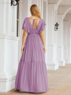 Baoleely Women's Open Back Formal Evening Party Prom Gowns V-Neck Long Chiffon Bridesmaid Dresses with Waist Belt 28038