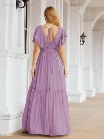 Vestido de fiesta formal de noche con espalda descubierta para mujer Baoleely, escote en V, largo, de gasa, con cinturón a la cintura 28038