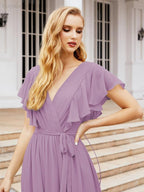 Baoleely Women's Open Back Formal Evening Party Prom Gowns V-Neck Long Chiffon Bridesmaid Dresses with Waist Belt 28038