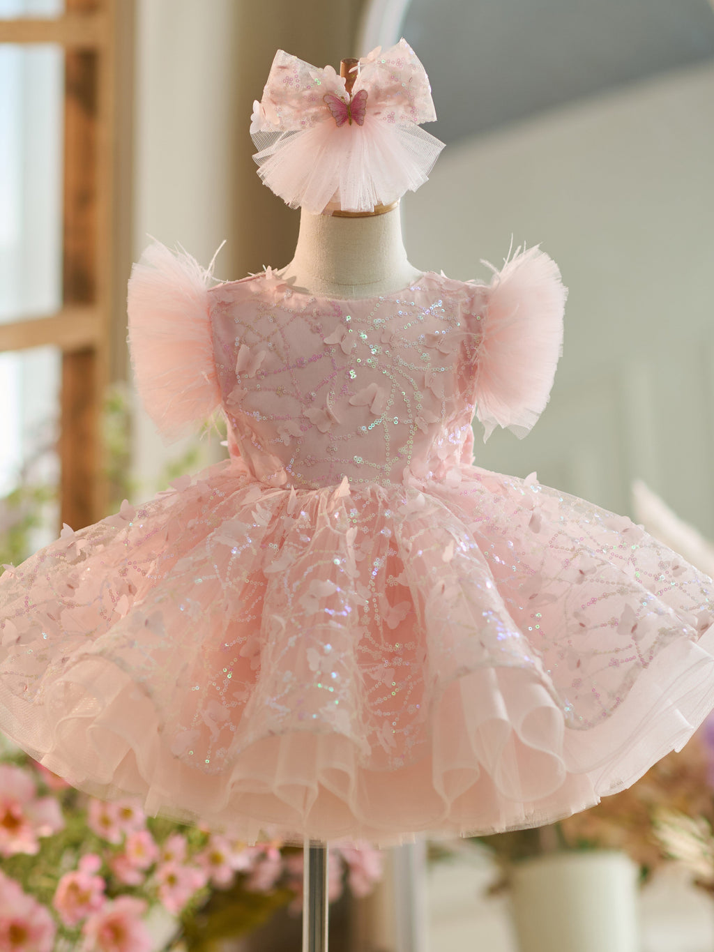 Vestido de fiesta de cumpleaños de 1 año con lentejuelas y tul hasta la rodilla 
