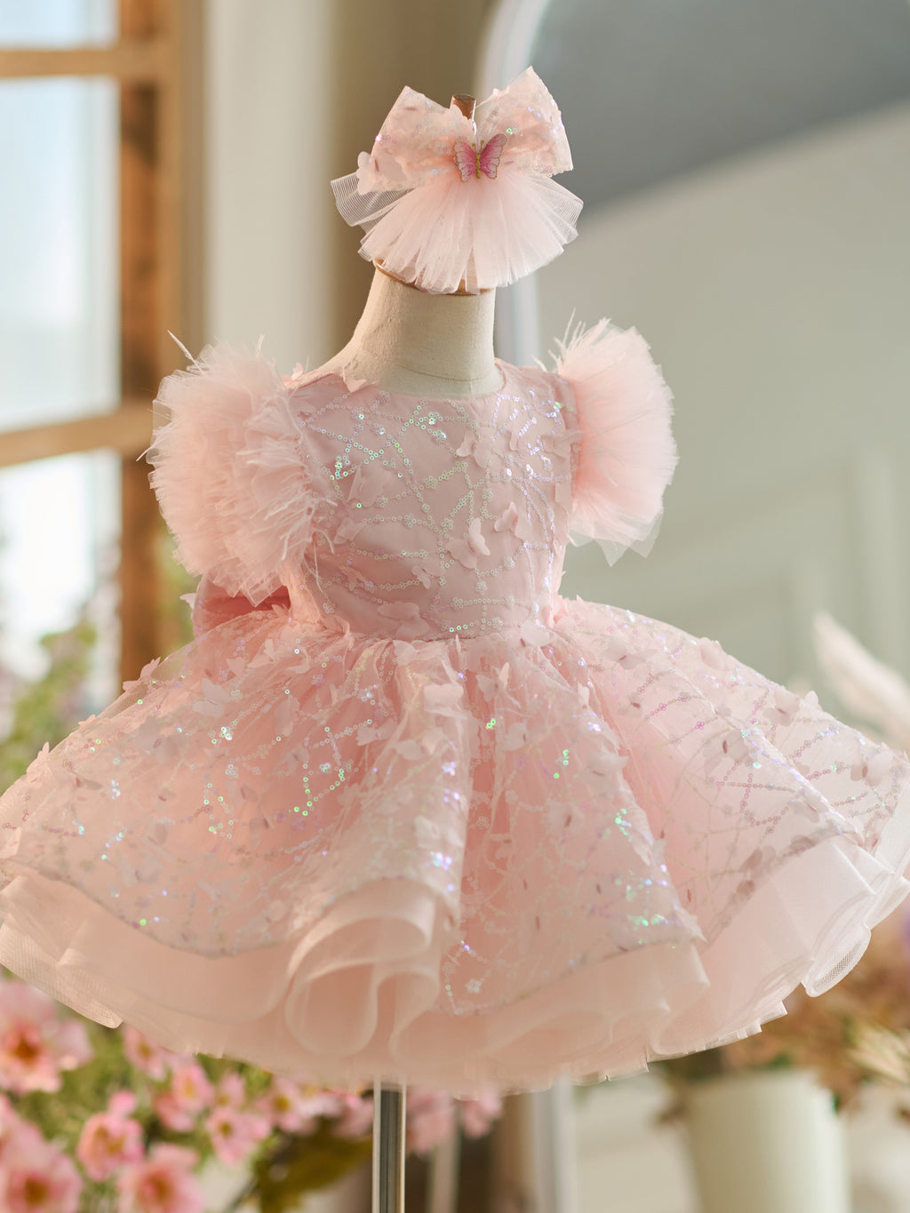Vestido de fiesta de cumpleaños de 1 año con lentejuelas y tul hasta la rodilla 