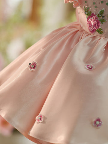 Vestido rosa para bebé niña, con bordado floral, lentejuelas y tul hasta la rodilla 