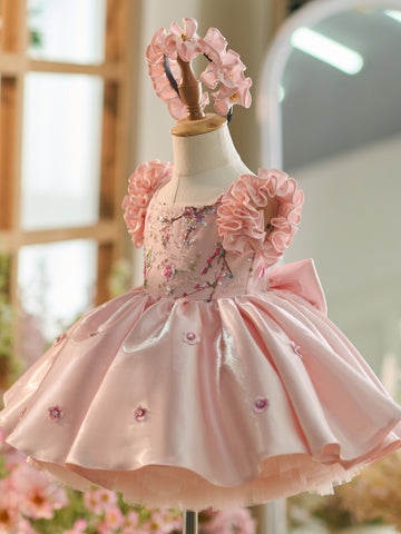 Vestido rosa para bebé niña, con bordado floral, lentejuelas y tul hasta la rodilla 