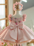 Robe rose pour bébé fille, longueur genou, ornée de broderies florales, de sequins et de tulle. 