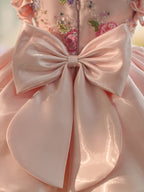 Robe rose pour bébé fille, longueur genou, ornée de broderies florales, de sequins et de tulle. 