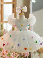 Vestido blanco de tul con lentejuelas hasta la rodilla para fiesta de primer cumpleaños 