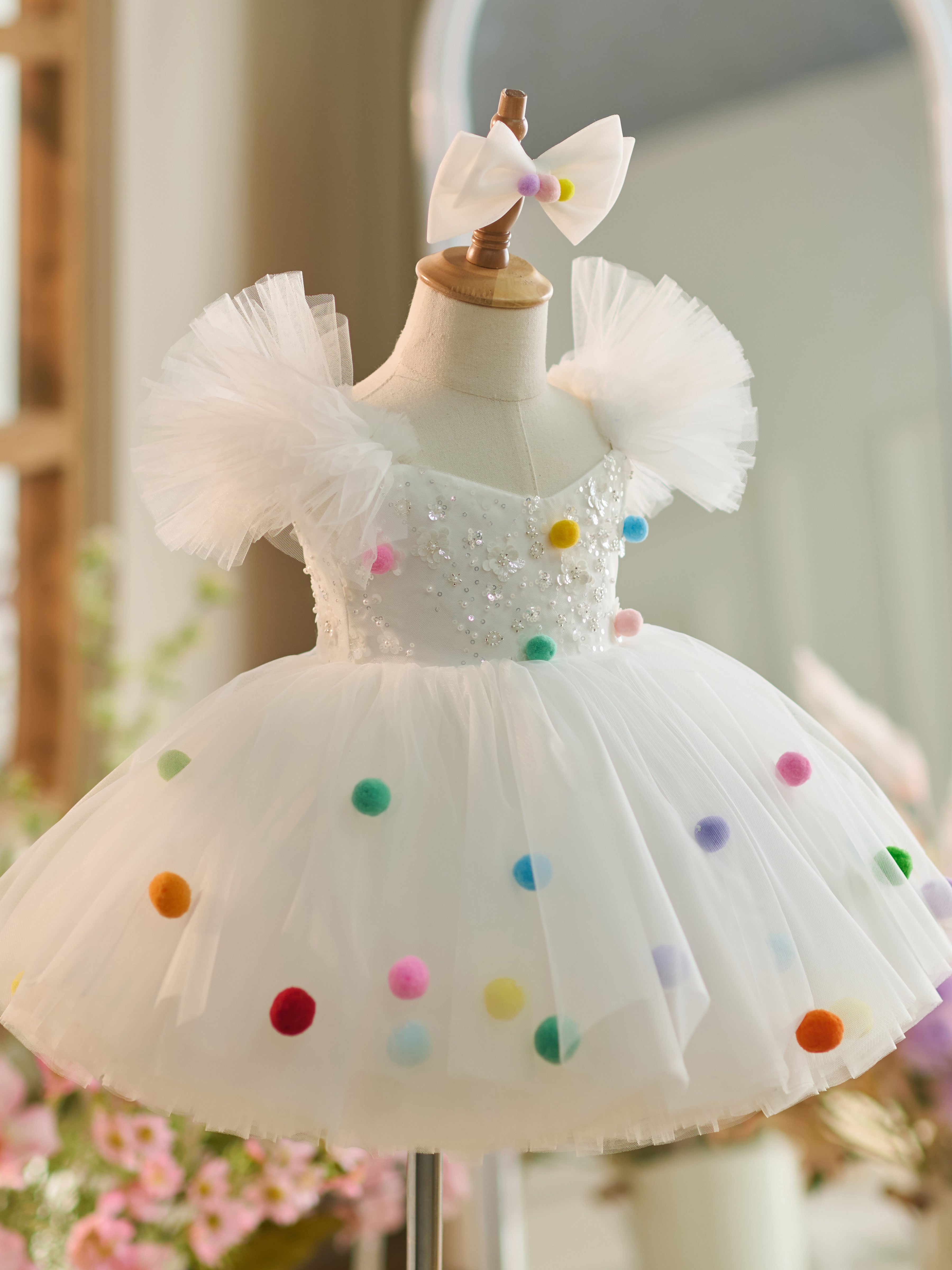 Vestido blanco de tul con lentejuelas hasta la rodilla para fiesta de primer cumpleaños 