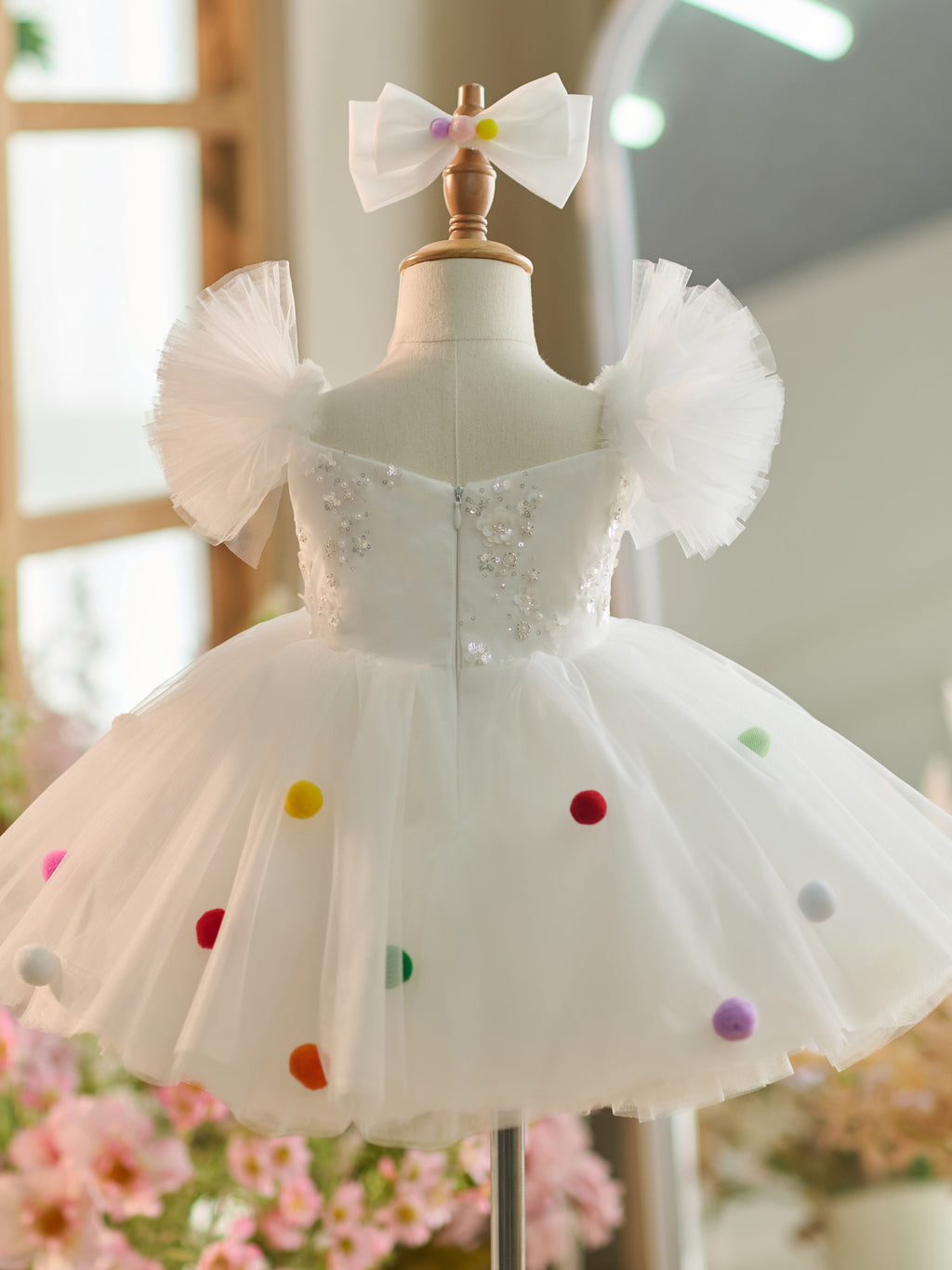 Vestido blanco de tul con lentejuelas hasta la rodilla para fiesta de primer cumpleaños 