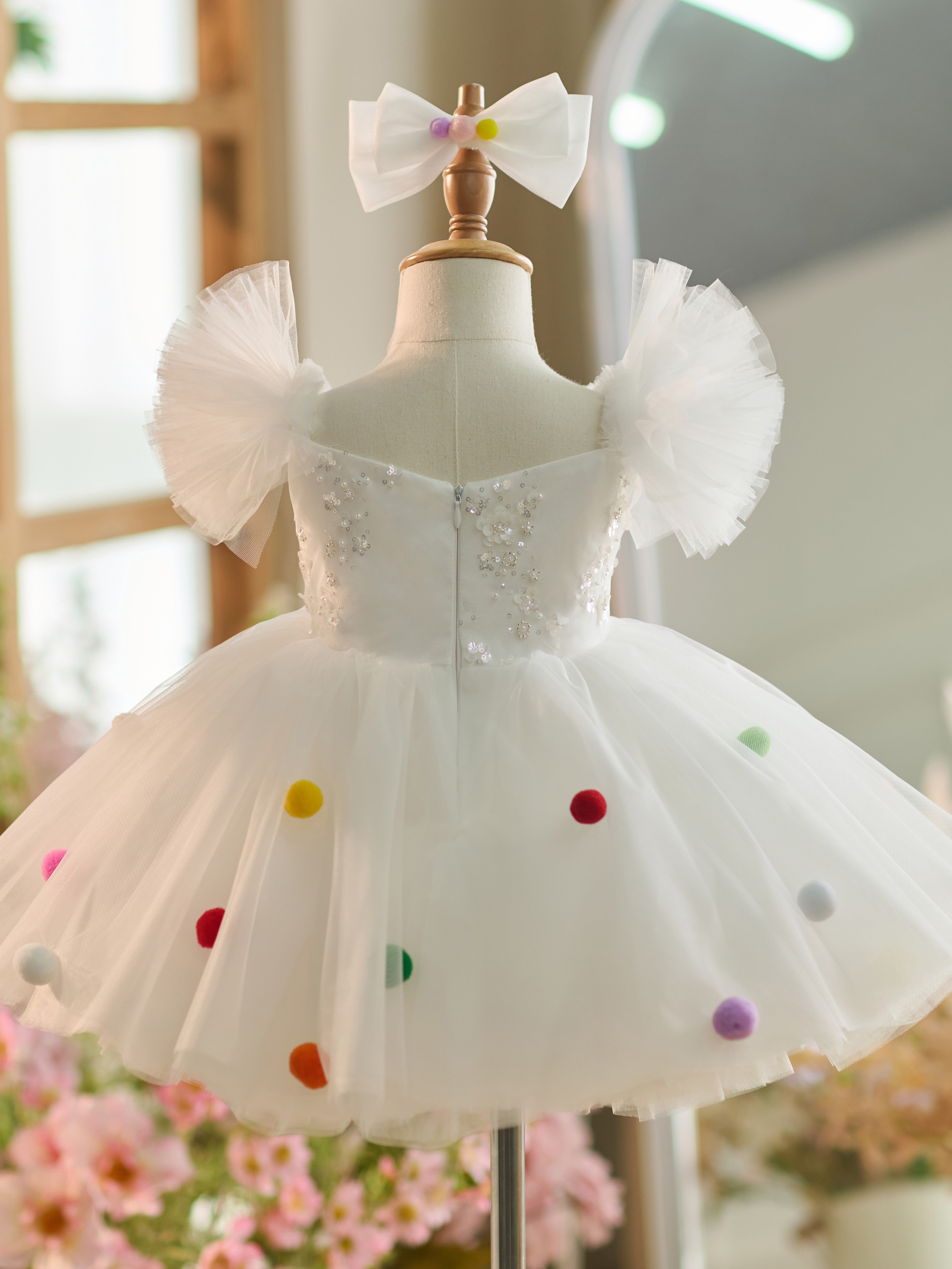 Vestido blanco de tul con lentejuelas hasta la rodilla para fiesta de primer cumpleaños 
