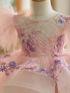Vestido de bebé niña con mangas abullonadas, bordado floral y tul hasta la rodilla 