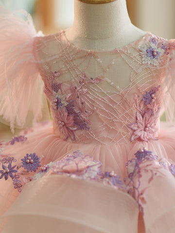 Vestido de bebé niña con mangas abullonadas, bordado floral y tul hasta la rodilla 