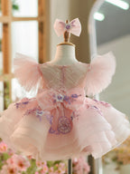 Vestido de bebé niña con mangas abullonadas, bordado floral y tul hasta la rodilla 
