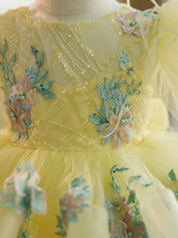 Vestido de bebé niña con mangas abullonadas, bordado floral y tul hasta la rodilla 