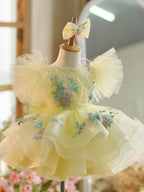 Vestido de bebé niña con mangas abullonadas, bordado floral y tul hasta la rodilla 