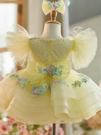 Vestido de bebé niña con mangas abullonadas, bordado floral y tul hasta la rodilla 