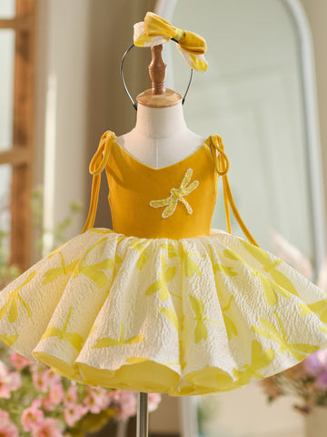 Robe de fête d'anniversaire dorée pour enfant en petite fille, en velours et tulle, longueur genou 