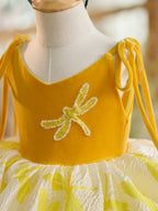 Vestido dorado de fiesta de cumpleaños para niña pequeña, de tul de terciopelo hasta la rodilla 