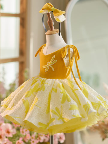 Robe de fête d'anniversaire dorée pour enfant en petite fille, en velours et tulle, longueur genou 