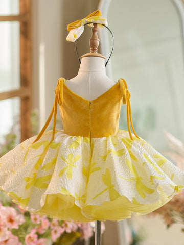 Robe de fête d'anniversaire dorée pour enfant en petite fille, en velours et tulle, longueur genou 