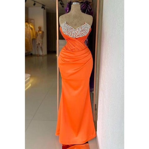 Sweetheart Strapless Pleats Beaded Long Formal Evening Dress