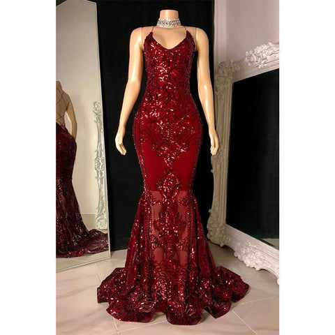 Robe de bal sirène bordeaux à bretelles spaghetti et paillettes appliquées, Black Girl Slay 
