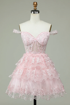 Vestido rosa de fiesta con corsé y hombros descubiertos con encaje Y2471