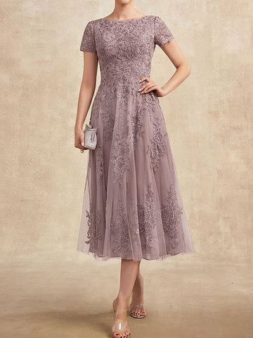 A-line Scoop Tea-Length Tulle Lace Mother of the Bride Dress