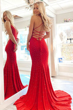 Mermaid V Neck Lace Up Beaded Satin Formal Dress