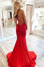 Mermaid V Neck Lace Up Beaded Satin Formal Dress