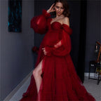 Oversized skirt fluffy soft yarn stitching maternity wear, sweetheart collar maternity party dress