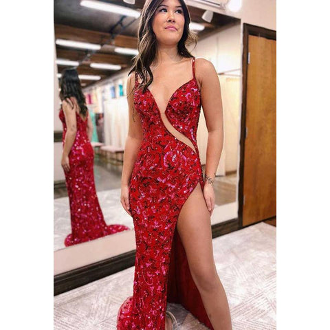 V-Neck Cut Outs Sequins Appliqued Sheath Long Prom Gown With Slit