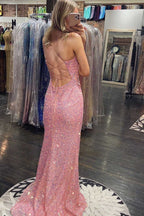 Robe de bal à sequins rose poudré, col en V et fente