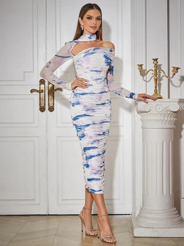 Vestido de fiesta de noche, sexy, de manga larga, estampado, con espalda descubierta, escote pronunciado, plisado y que realza las caderas.