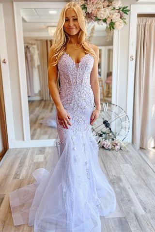 Robe de bal sirène en tulle pailleté et dentelle à col V