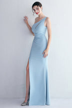 One Shoulder Black Long Prom Dress with Split Front