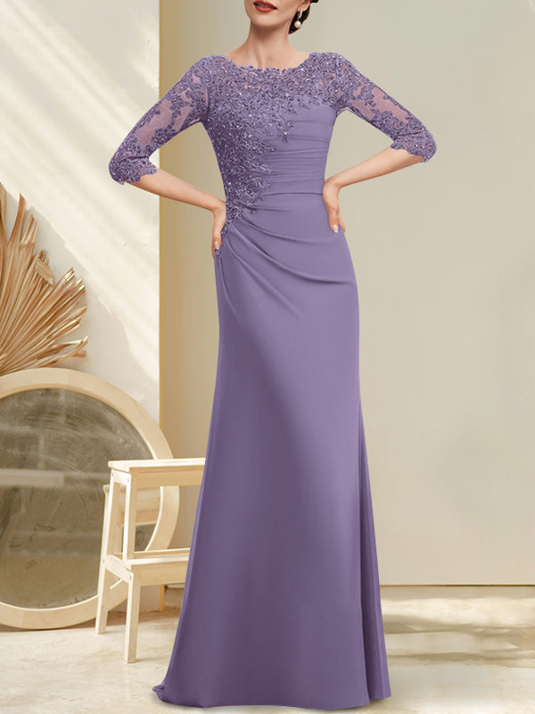 Vestido de corte A, escote redondo, largo hasta el suelo, de gasa, encaje, con cuentas, lentejuelas plisadas, para la madre de la novia.