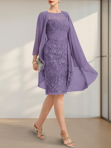 Robe de mère de la mariée en mousseline de dentelle, coupe fourreau/colonne, longueur genou, effet illusion, volants cascade et sequins